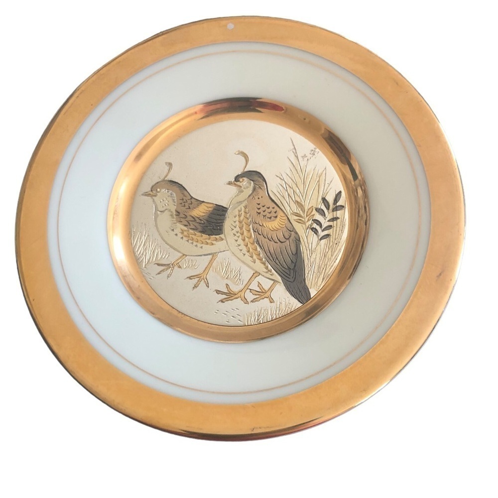 VTG Art of Chokin Minature Etched Pair Of Birds Plate Gold Trim Mid Century 3”